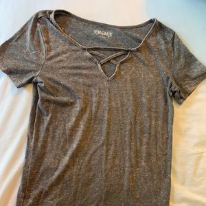 Grey distressed criss-cross tee